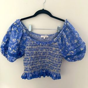 LOVESHACKFANCY Molly Puff-Sleeve Smocked Ruffle Crop Top